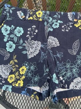 LOFT Women’s Navy Botanica Jean Shorts with Aqua, Blue & Yellow Print Pockets